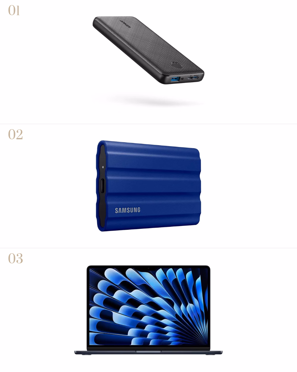 Featured image for Best School Gadgets 2025: Top Tech for Students showing Anker Power Bank, Samsung T7 1TB USB3.2, Laptop - MacBook Air