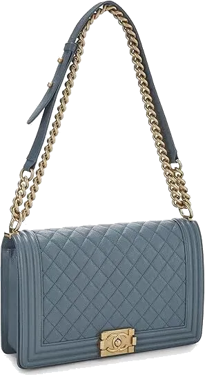 Pale blue quilted Chanel Boy bag with a chain-and-leather strap