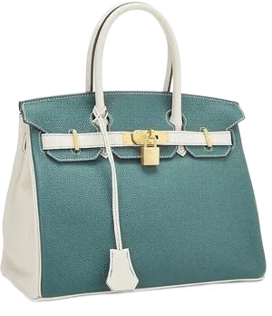 Teal and cream leather top-handle bag with a padlock and gold hardware