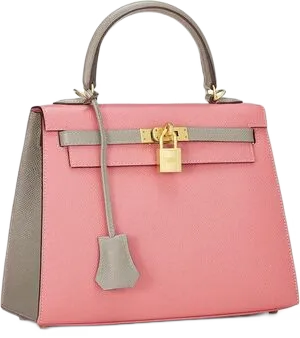 Pink and grey Hermes Kelly-style bag with a padlock and clochette