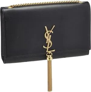 Black Saint Laurent Kate clutch with a gold YSL logo and tassel