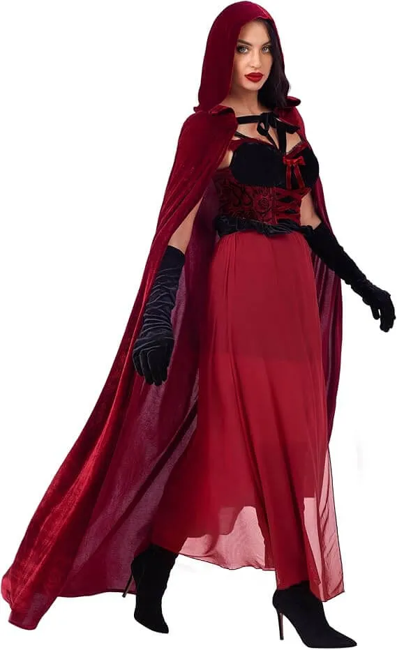 Woman wearing a deep red hooded cape Halloween costume