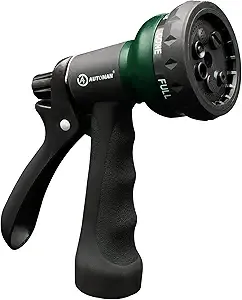 Black metal hose spray nozzle with a multi-pattern selector dial