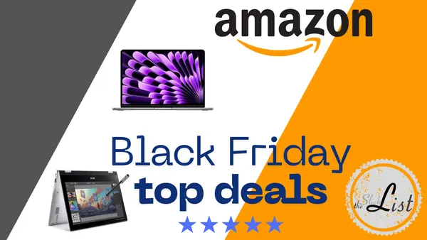 Black Friday top deals banner with the Amazon logo and laptop thumbnails
