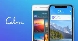 Calm app shown on two phones against a blue gradient