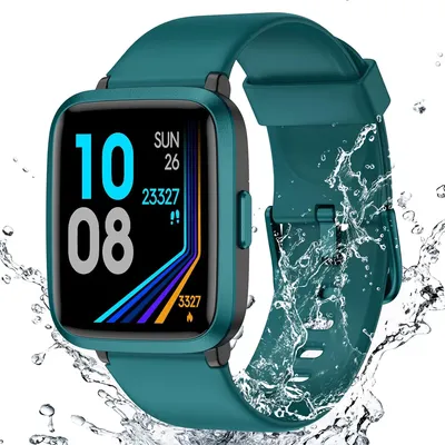 Teal waterproof smartwatch with a square display, shown with water splashes