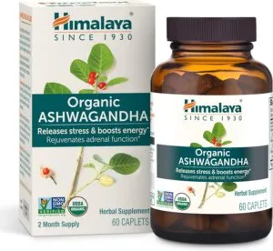 Himalaya Organic Ashwagandha caplets shown with box and bottle