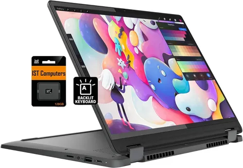 Convertible 2-in-1 laptop in tent mode with a colourful display, shown with a memory card and backup keyboard