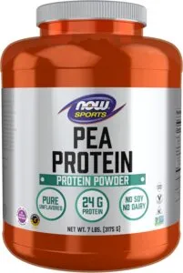 NOW Sports pea protein powder tub with 24g protein per serving