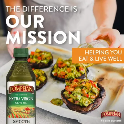 Pompeian extra virgin olive oil advertisement with stuffed mushrooms