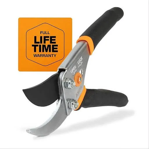 Bypass pruners with orange grips and a lifetime warranty tag