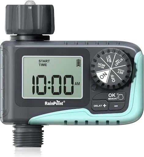 RainPoint digital hose watering timer showing a 10:00 AM start time