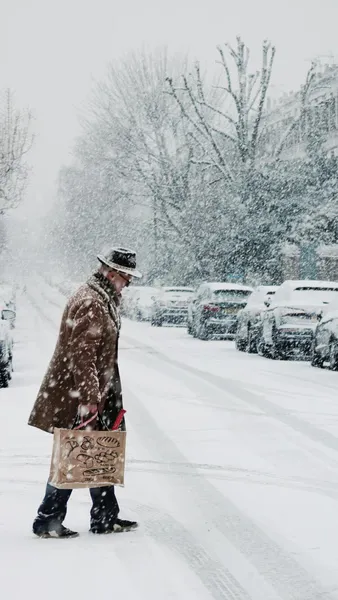 Person in a fur-trimmed coat walking through heavy snow