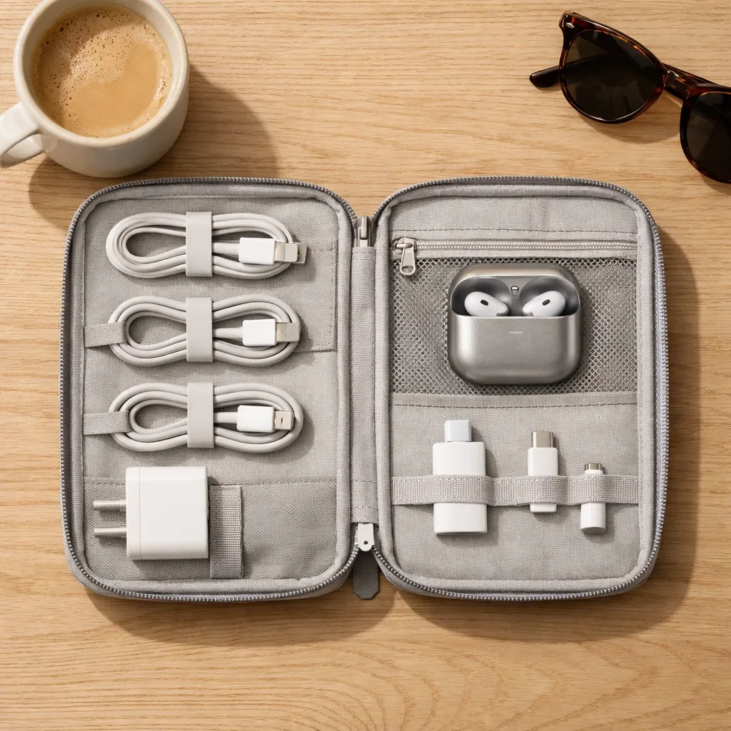 Open electronics organizer with neatly coiled charging cables and travel tech accessories.