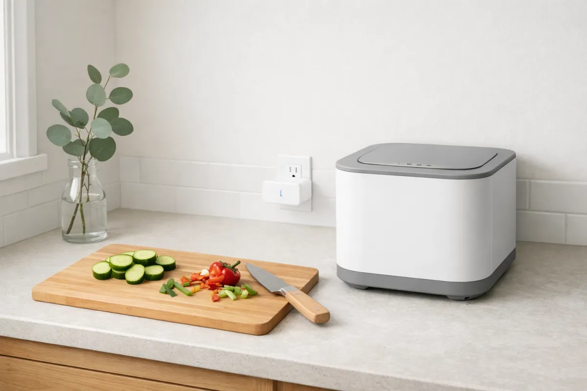 An organized minimalist kitchen workspace featuring a smart composter and energy-saving smart plug.