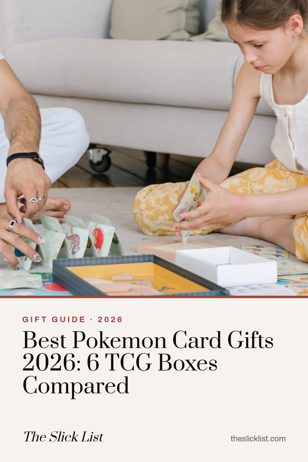 Pinterest image: "Best Pokemon Card Gifts 2026: 6 TCG Boxes Compared", a gift guide from The Slick List