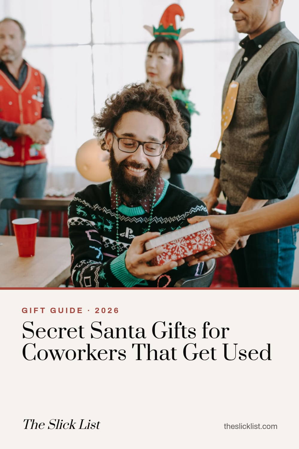 Pinterest image: "Secret Santa Gifts for Coworkers That Get Used", a gift guide from The Slick List